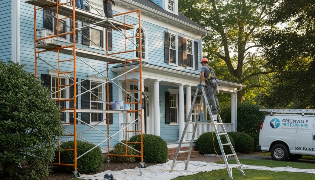 Painting contractor in Providence, RI painting a home exterior with professional brushes and ladders